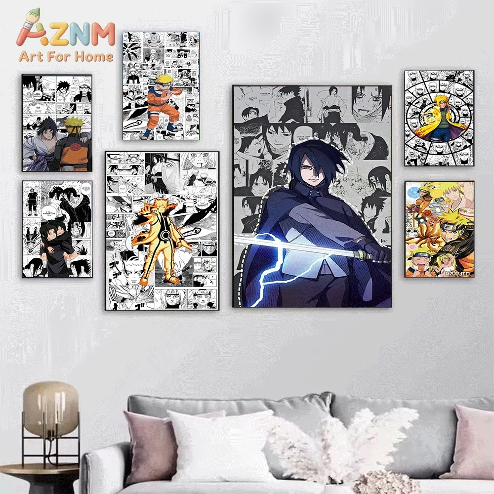 AZNM Naruto And Sasuke Clash Comic Background Canvas Wall Print, Classic Anime Ninja Fight Scene Art Poster, Unframed Canvas P
