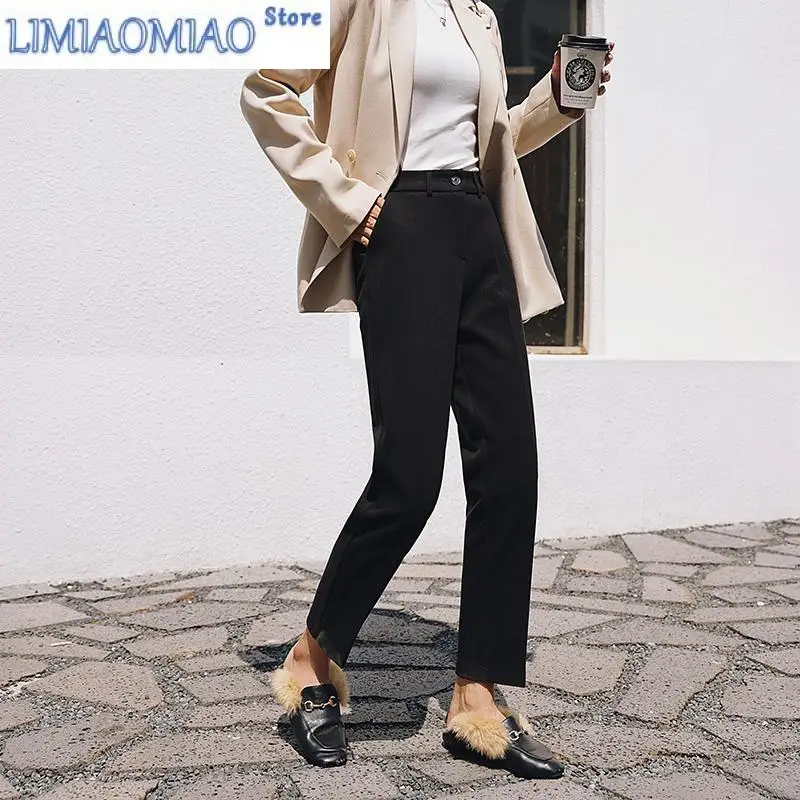 New Black Solid Casual Basic High Waist Straight Women Pants Office Lady Korean Fashion Ankle-Length Suit Pants For Women