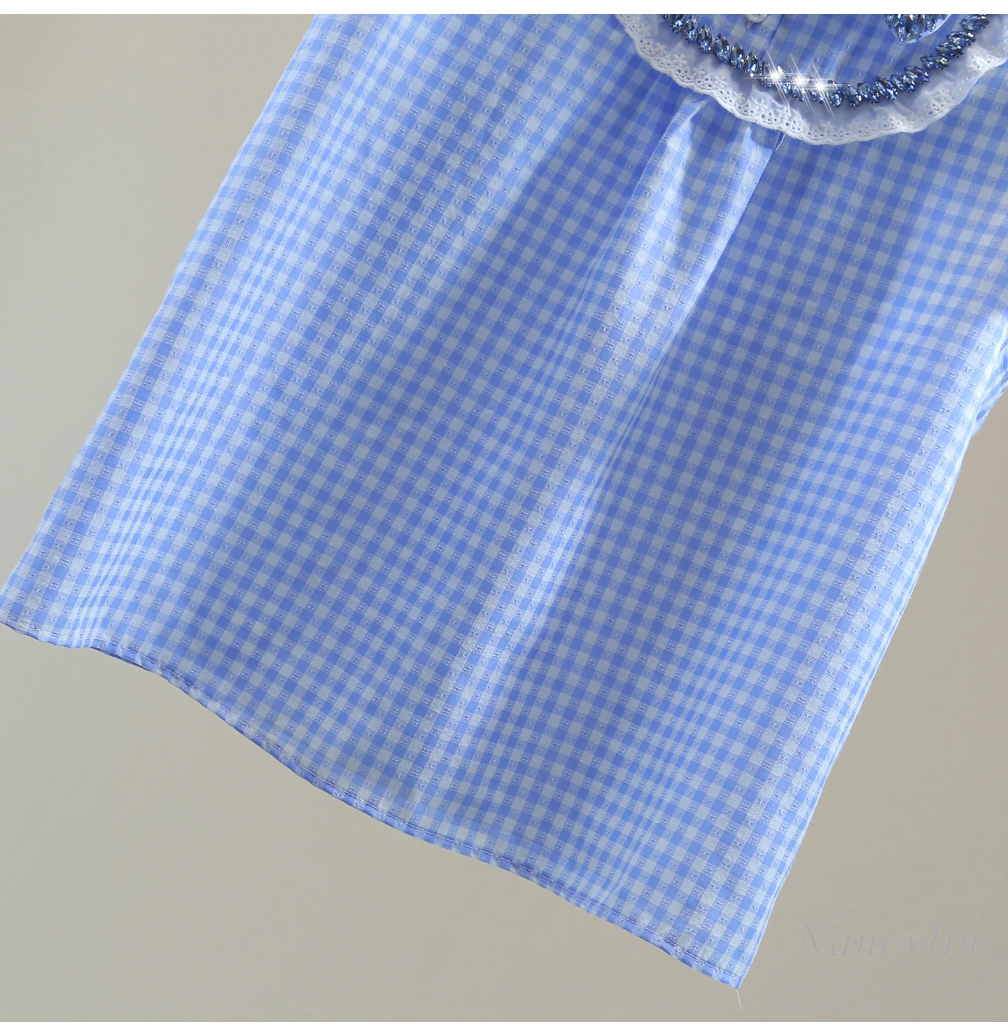 Fashion Diamond-encrusted Sleeveless Shirt, Blue Plaid Blouse for Women, 2025 Summer Fungus Edge Embroidered Blouse Mujer