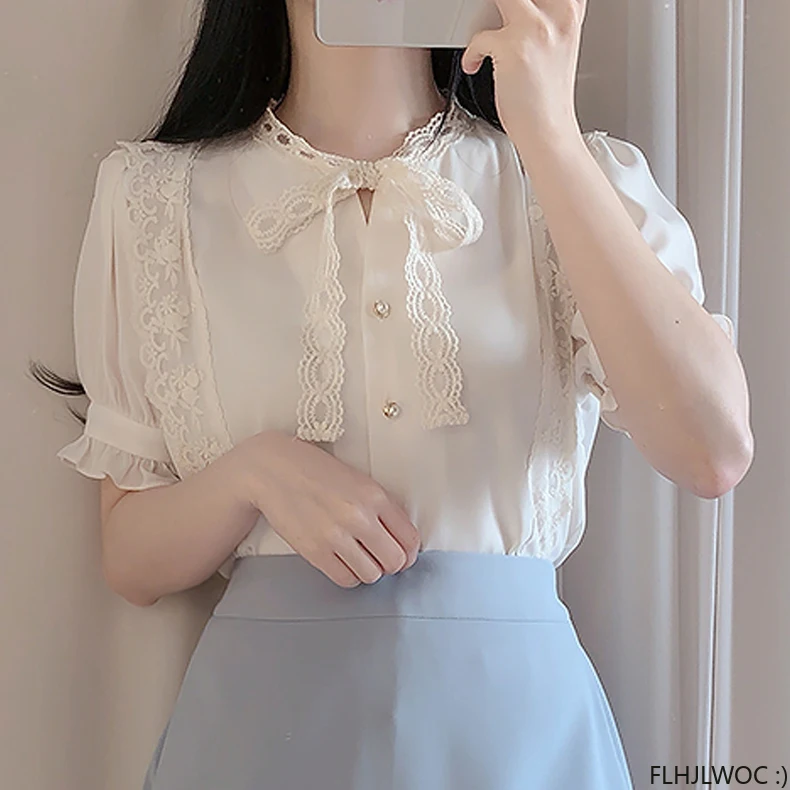 Cute Sweet Girls Japan Korea 2022 Woman Ribbon Bow Tie Retro Vintage Tops Blusas Preppy Style Ruffles Lace White Button Shirts