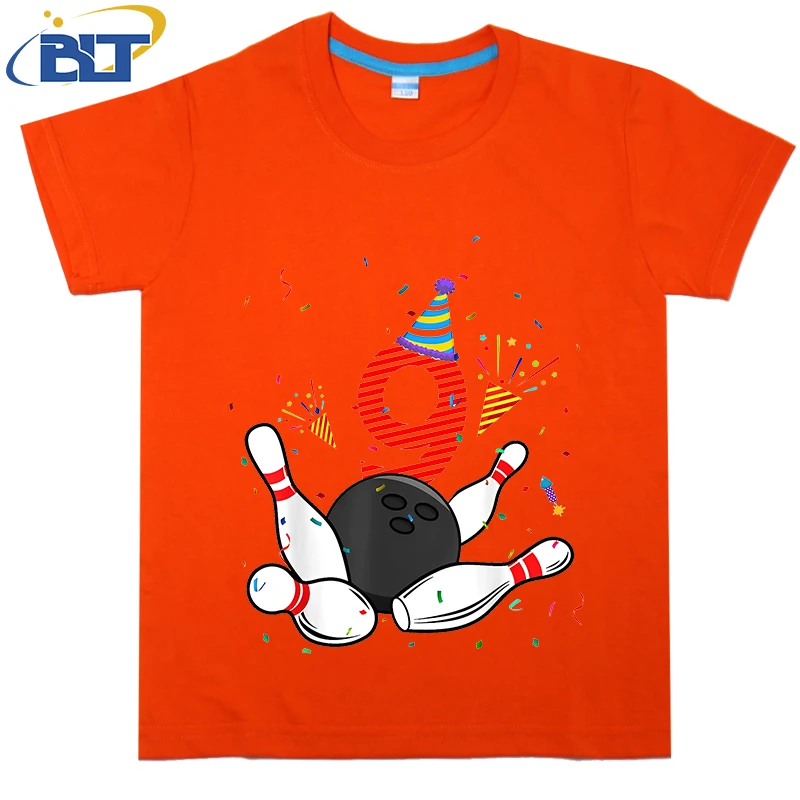 9th Birthday Bowling printed kids T-shirt, summer cotton short-sleeved casual top, suitable for both boys and girls