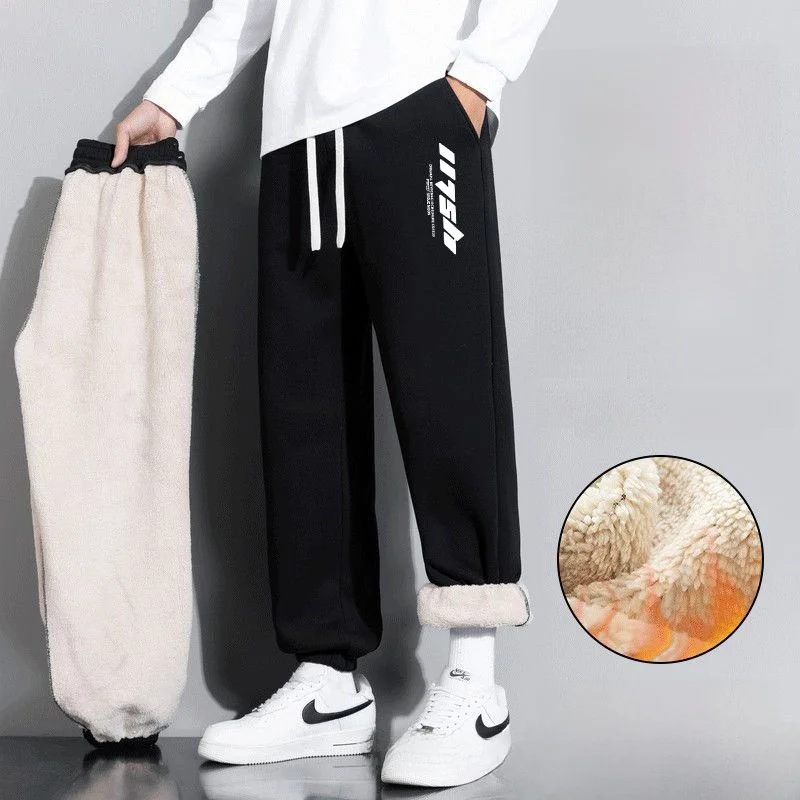 

Мужские повседневные брюки на флисовой подкладке, осенне-зимние, теплые, из овчины, утягивающие, больших размеров, с манжетами, свободные, модные, повседневные брюки