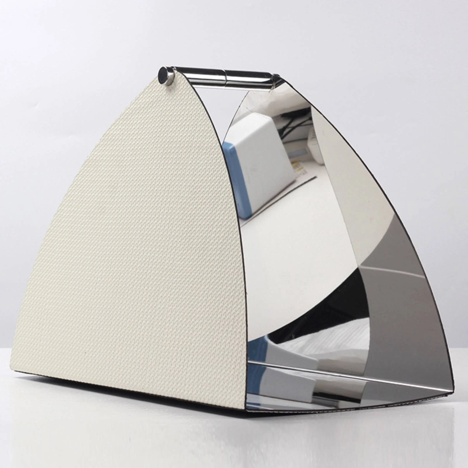 Book Basket Geometric Triangular Tabletop Organizer Stainless Steel Organizer with Leather Panel Space-Saving