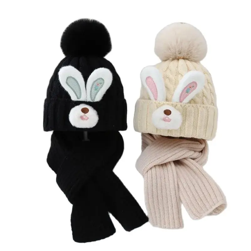 

Doitbest 2 PCS Pompom Kids Hat Scarf Set Cute 3D Rabbit Knit Warm Child Hats For Boys Girls Bonnet Beanie Winter Children Cap