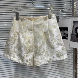 2024 Summer New Classic Style Golden Butterfly Embroidered Jacquard Satin Temperament Shorts Casual Shorts for Women