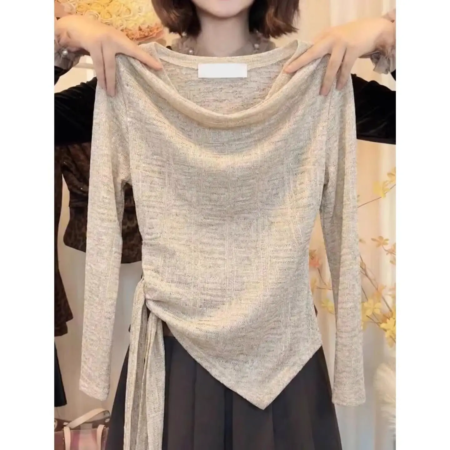 Spring Women's Gentle Style Asymmetric Long Sleeve T-Shirt Waist Cinching Slimming Inner Wear Top Comfortable Universal Fit