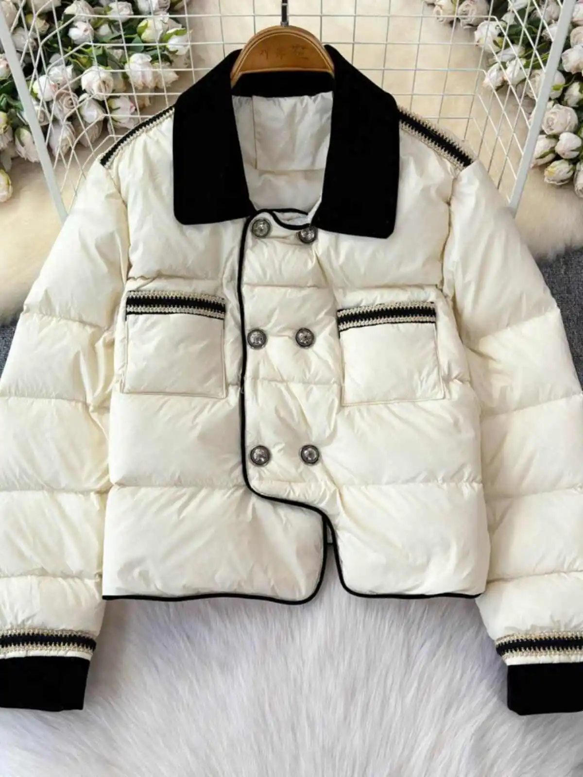 Winter New Small Fragrance Wind Down Cotton Coat Women Simple Solid Color Double Breasted Straight Jacket