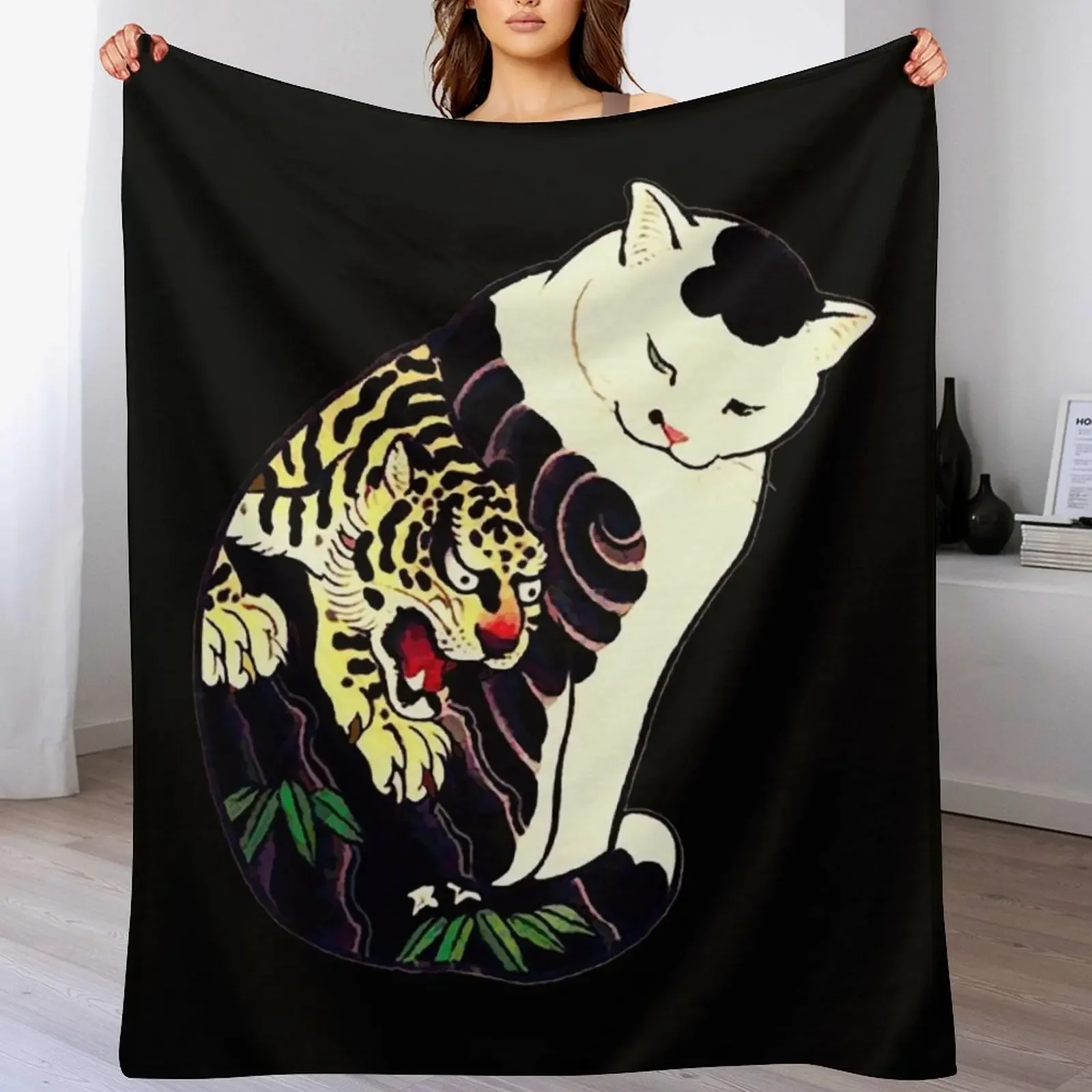 

Antique Japanese Woodblock Print Cat with Tiger Tattoo Throw Blanket Camping blankets ands Hair Soft Plaid Blankets