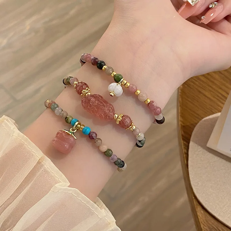 Retro New Chinese National Style Tourmaline Thin Women's Strawberry Quartz Agate Persimmon Temple Bracelet