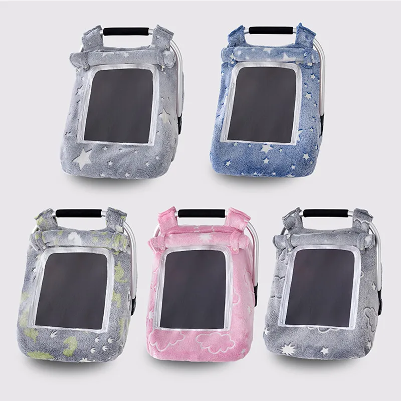 Winter Windproof Warm Flannel Baby Safety Car Cover Soft Carseat Canopy with Mesh Netting Window Stroller Sunshade