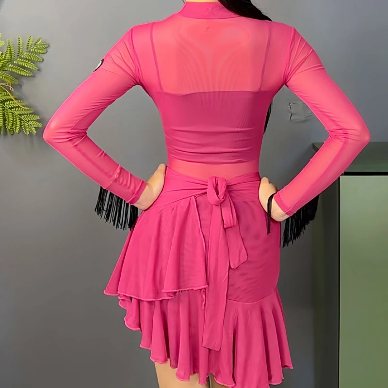 Tops de baile latino para mujer, mono sexy de malla ultrafina de manga larga con estampado de leopardo, ropa de entrenamiento Cha Rumba, ropa de práctica latina