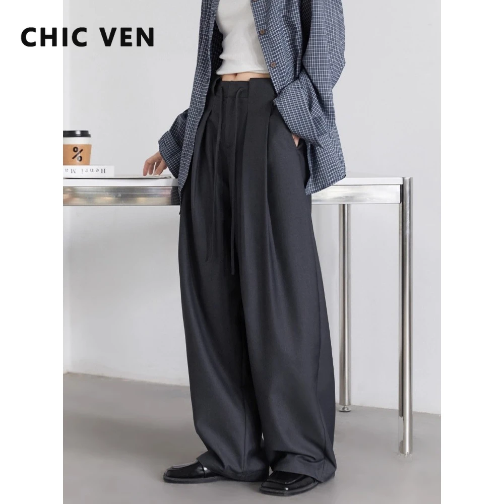 CHIC VEN Women Pants Solid Loose Casual Wide Leg Pant Drawstring Pleated Female Suit Trousers Office Ladies Sping Autumn 2025