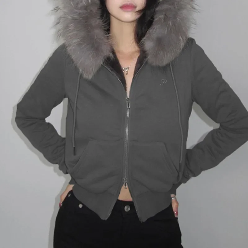 Goth Grey Faux Fur Collar Hooded Zip Up Hoodies Gothic Grunge Pockets Autumn Black Jackets Female Y2k Streetwear egirl Cardigans