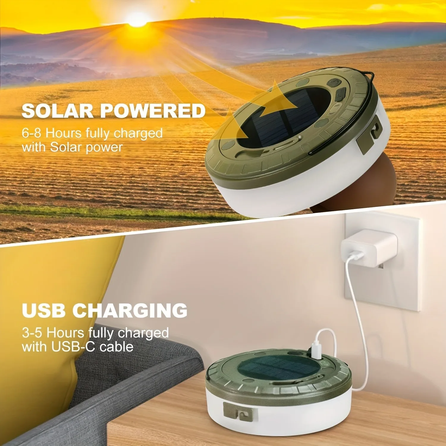 Solar-Powered Camping/Type-C String Lights Rechargeable, 5 Lighting Modes, Hanging Portable LED Lamp For Yard, Party,Christmas