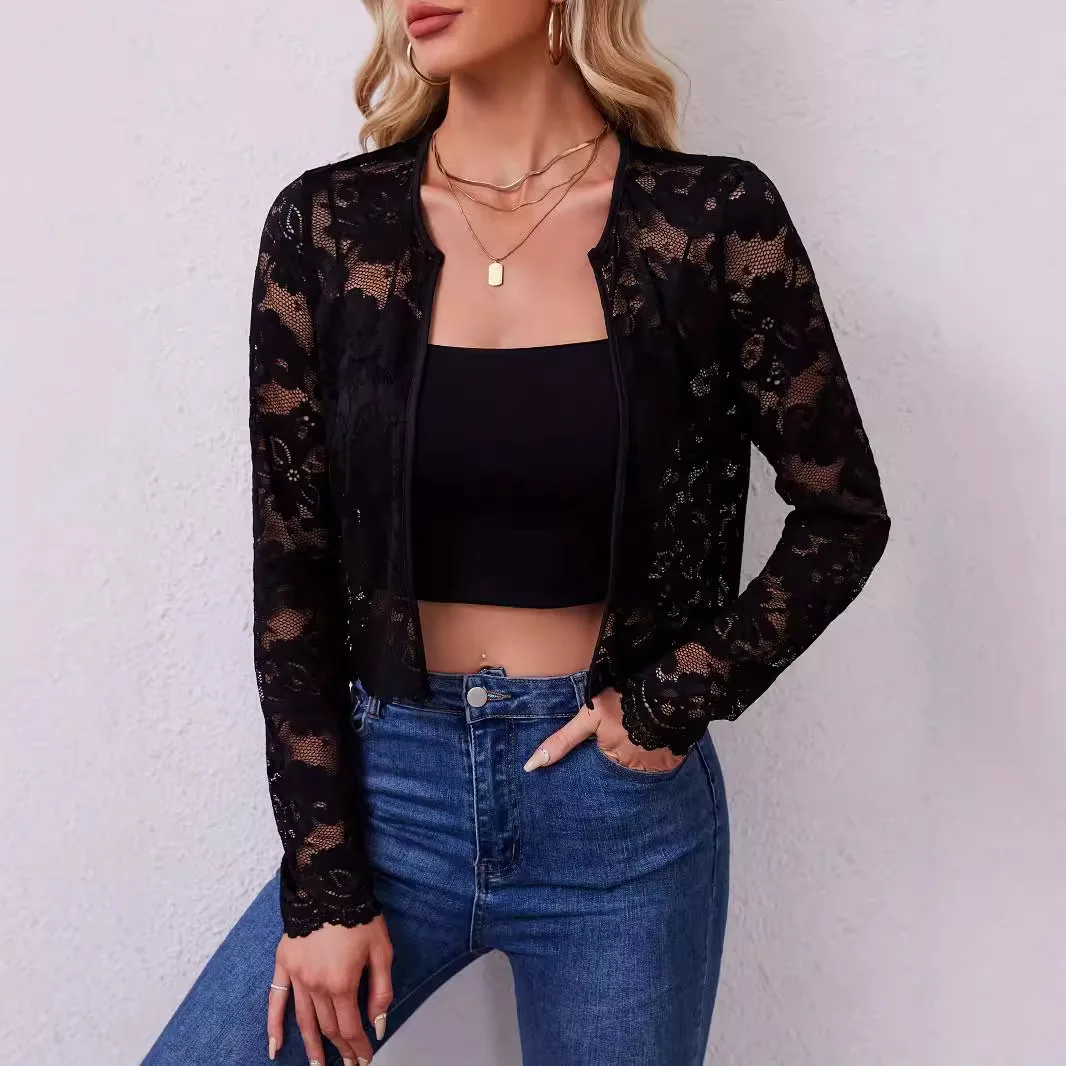 2025 nuovo cardigan con giacca in pizzo trasparente a maniche lunghe da donna elegante autunno e inverno