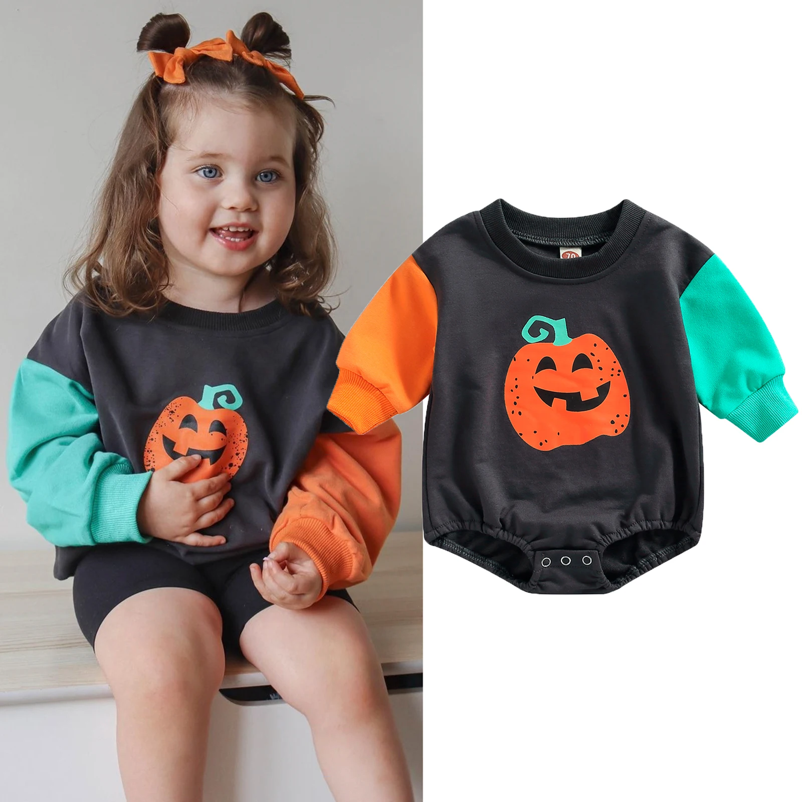 

Baby Girls Halloween Clothes Long Sleeve Pumpkin Print Contrast Color Romper Fall Bodysuit Halloween Costume