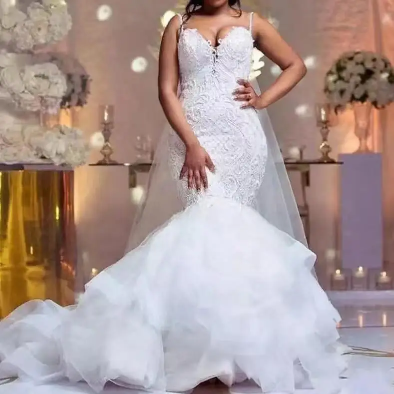 Lorencia vendita calda abiti da sposa a sirena spaghetti applicazioni di pizzo perline di cristallo tulle abito da sposa africano robe de mariée YMW34