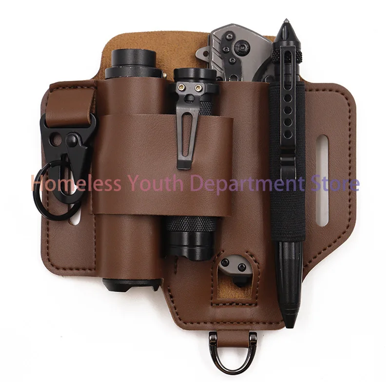 EDC Tool Leather Case, Wilderness Survival Storage Fanny Pack Outdoor Flashlight Cover Knife Cover