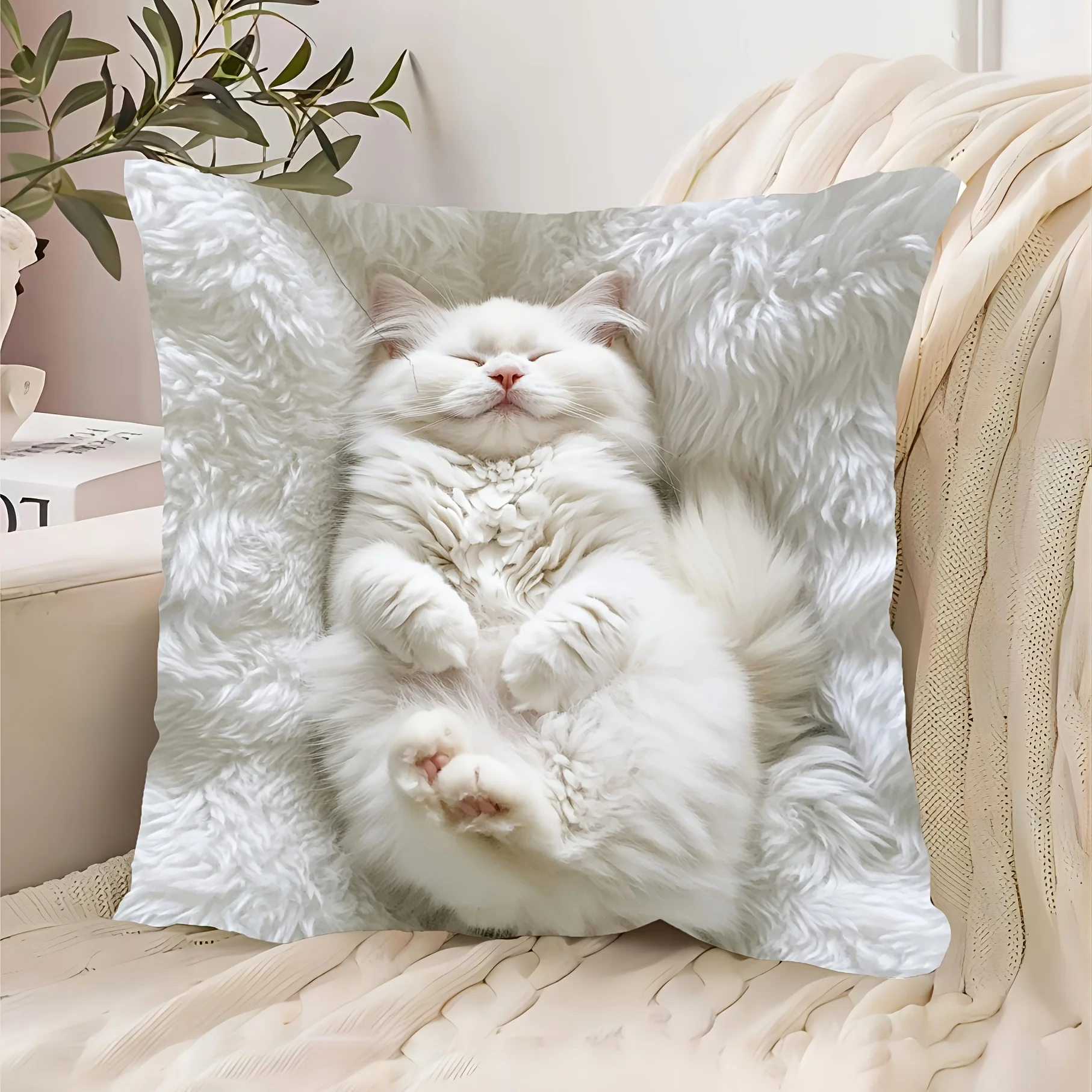 Cute Sleeping White Fluffy Cat Print Throw Pillow Cover Realistic Kitten Themed Cushion Case for Pet Lovers Home  Couch  Decor