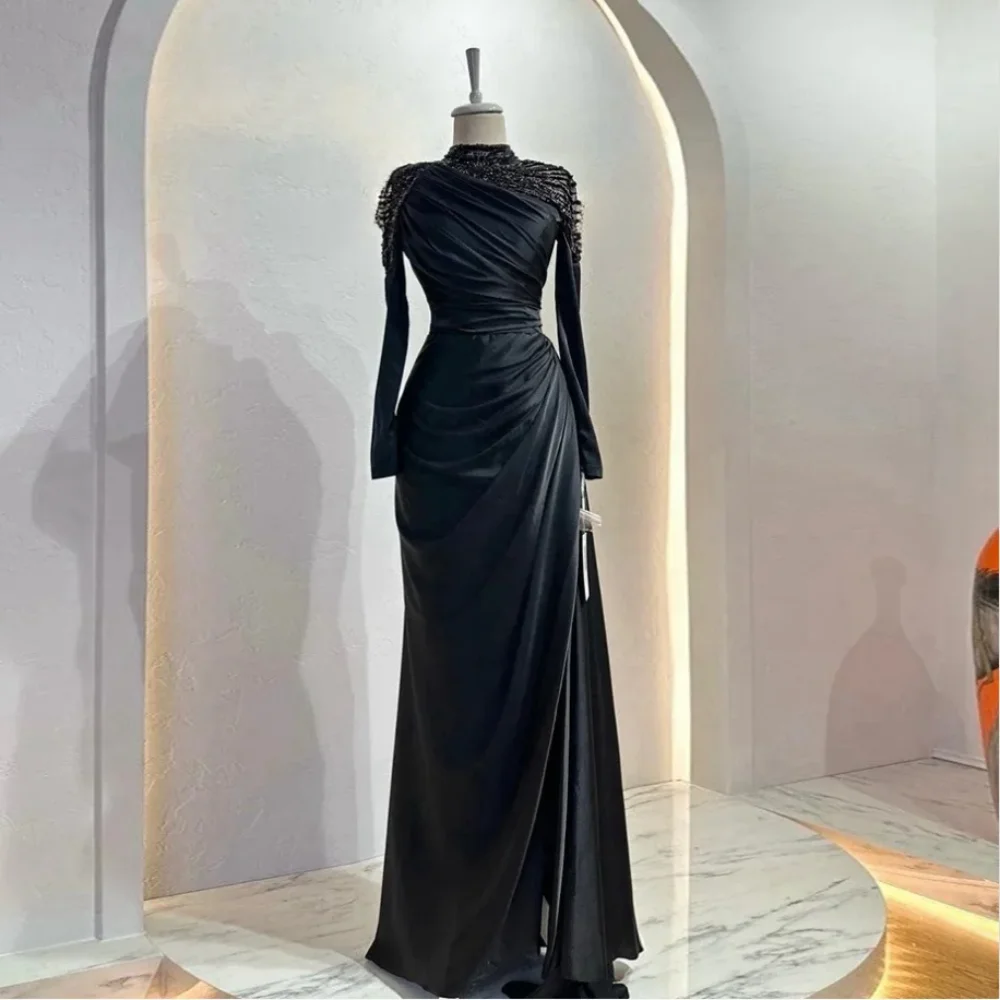 Customized Exquisite High Collar Sheath Evening Dresses Beading Fold s Vertically Hugging Floor length Prom فساتين سهره فاخره