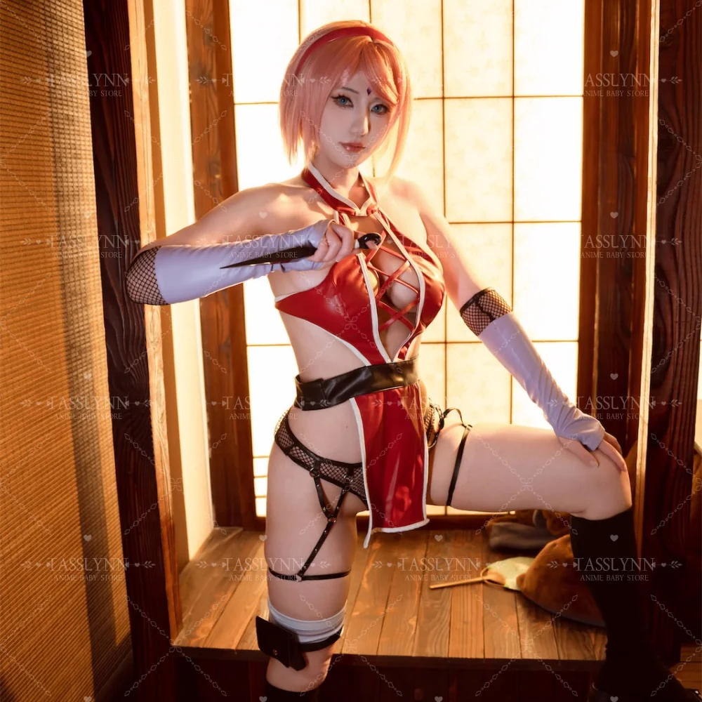 

Japanese Anime Costume Haruno Sakura Cosplay Cheongsam for Girls Red Cheongsams Party Show Short Sleeves Halloween costume