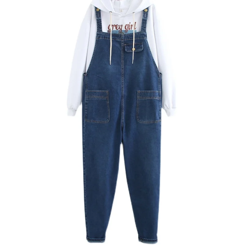 plus Size Denim Overalls Women's Spring Autumn Slimming Faion Loose Strap Workwear Jumpsuit Trendy High Waist Long Pants