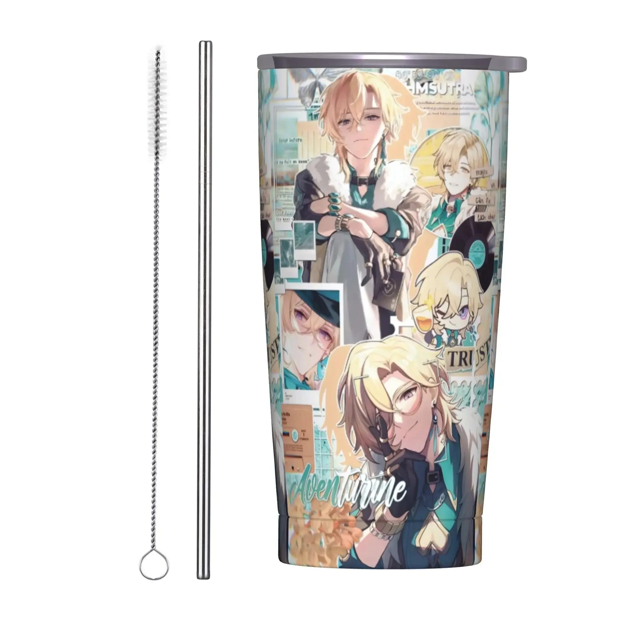 Aventurine Insulated Tumbler with Straws Honkai Anime Vacuum Coffee Mugs Outdoor Portable Water Bottle Cups, 20oz