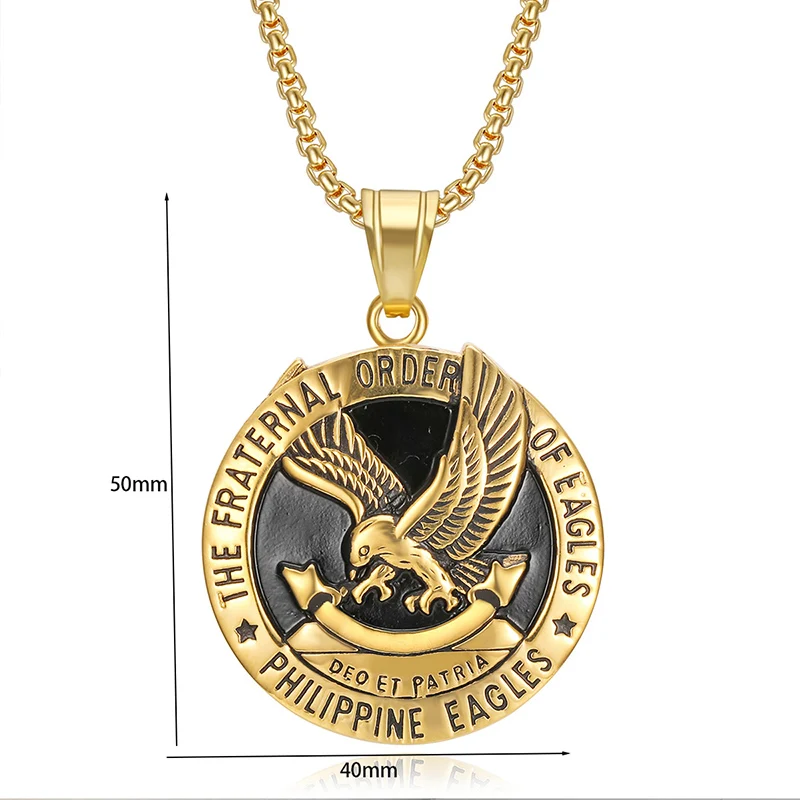 Hip Hop Rock Solid Stainless Steel Philippine Eagles Round Pendants Necklaces for Men Jewelry Gold Silver Color Drop Shipping