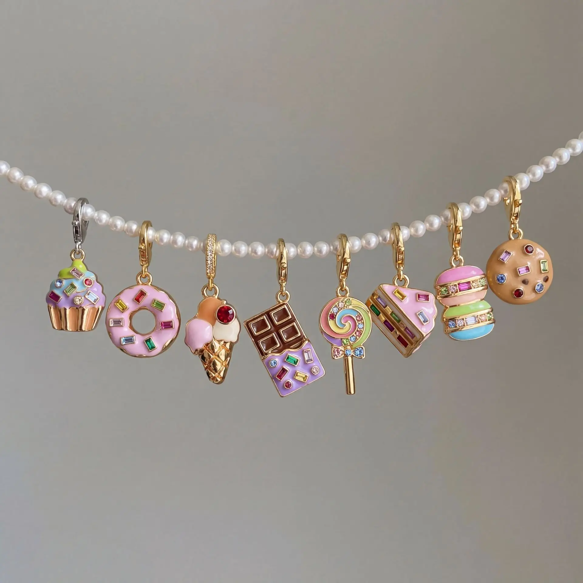 9Pcs New Gourmet Dessert Cookie Cake Pendant DIY Oil Drip Painting Series 14K Gold Color Preserving Wholesale