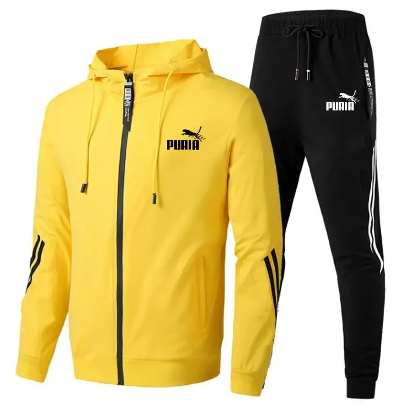 Fashion Tracksuit Men Suit Autumn New Zipper Cardigan Jacket+Sweatpants Stripe Running Fitness Basketball Jogging 2 Piece Set