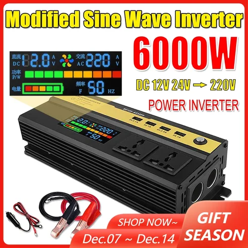 Inversor de potencia de onda sinusoidal modificada, convertidor de carga con pantalla LCD de 6000/5000/4000/3000W, CC de 12V, 24V a ca de 220V