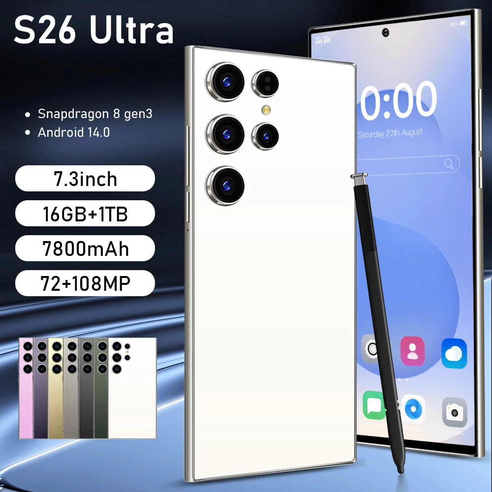 

S26 Ultra 2025 New 7.3HD Global Edition Original Smart Dual Card 7800mAh Battery Facial Recognition Function