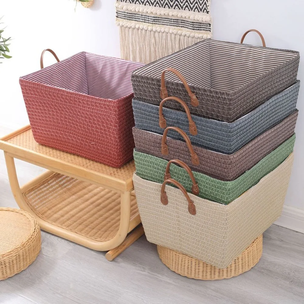 1PCS Woven Rattan Laundry Storage Basket, Collapsible Organization Rectangular Folable Reusable Container with Handle