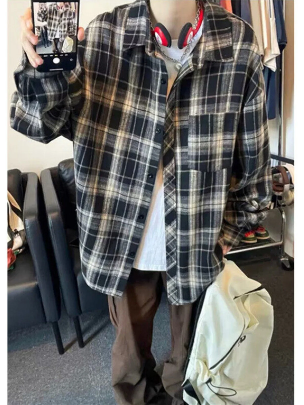 

American Style Vintage Plaid Shirt Men's Spring Long Sleeve Loose Fit Trendy Sharp Collar Classic Checkered Outerwear