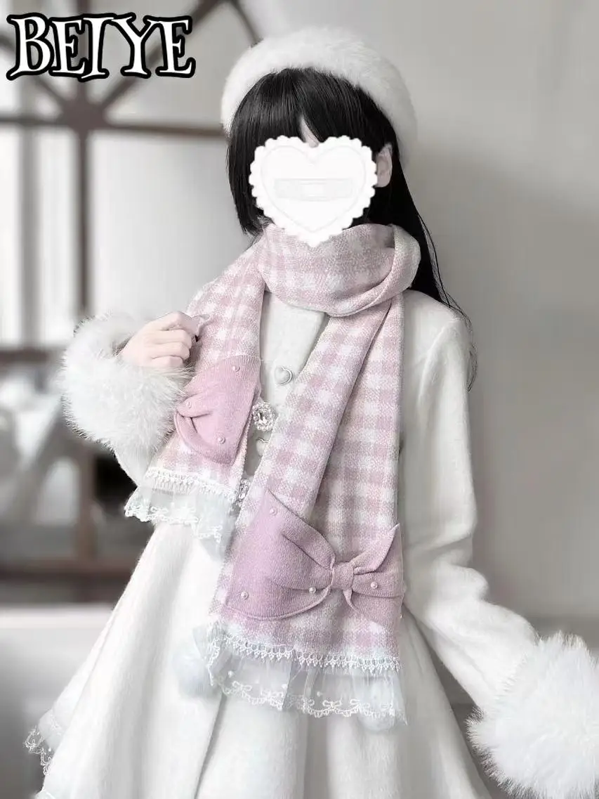 Scarf Original Japanese Mine Series Mass-produced Pearl Bow Hairball Scarf Female Sweet Pink Lolita Plaid Scarf Autumn Winter