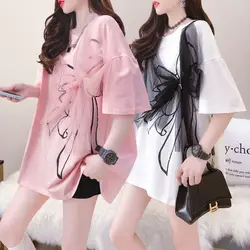 Sweet Bow Gauze Loose T-shirt Korean Printed Summer Casual O-Neck Commute Women's Clothing Basic Stylish Short Sleeve Pullovers