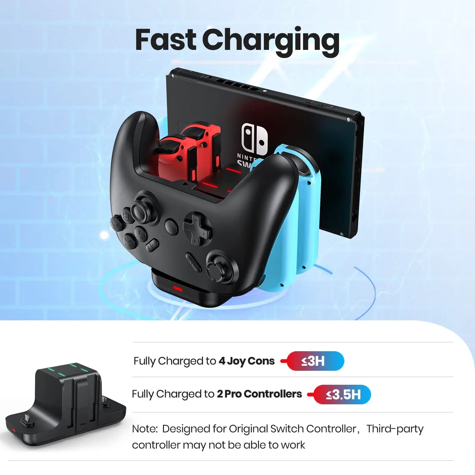 6 in 1 Switch Charger Dock Station, Charging Dock Storage Stand for Switch and Pro Controller with USB C Charging Cable, Black