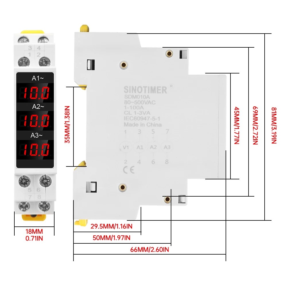 Imagem -04 - Mini Trilho Din Display Digital Trifásico Medidor de Corrente Modular ac 80500v 1100a Testador de Corrente Amperímetro ac