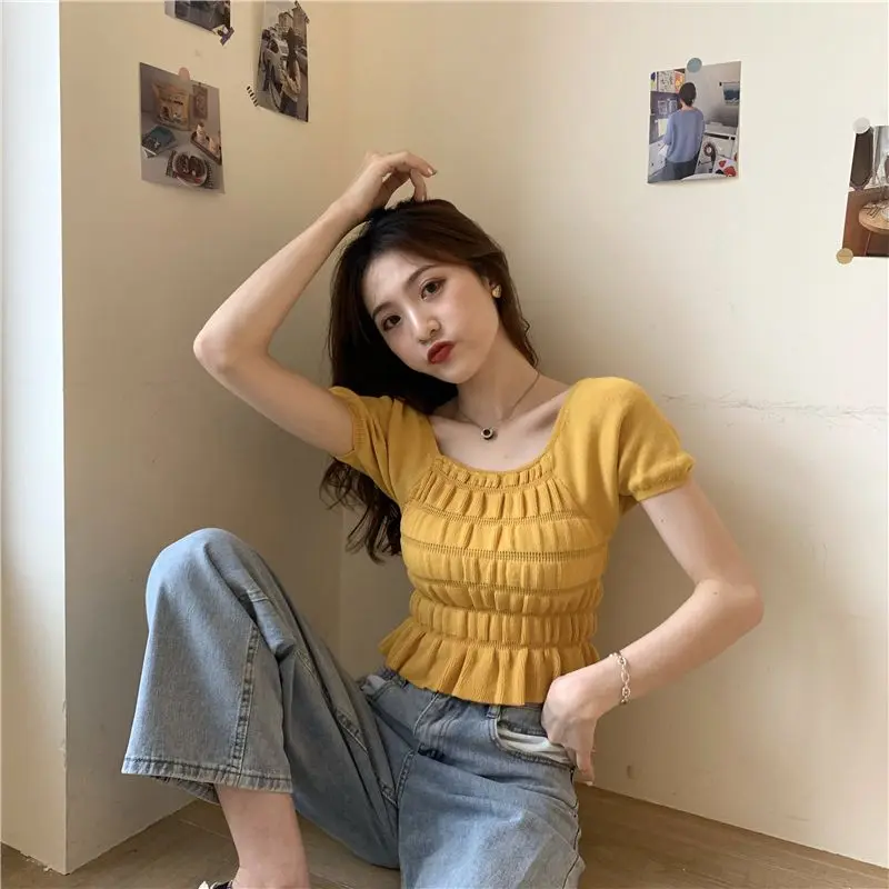 New Summer Korean Style Square Collar Press-pleated Short Collarbone Top Fashionable Short-sleeved Sweater for Women
