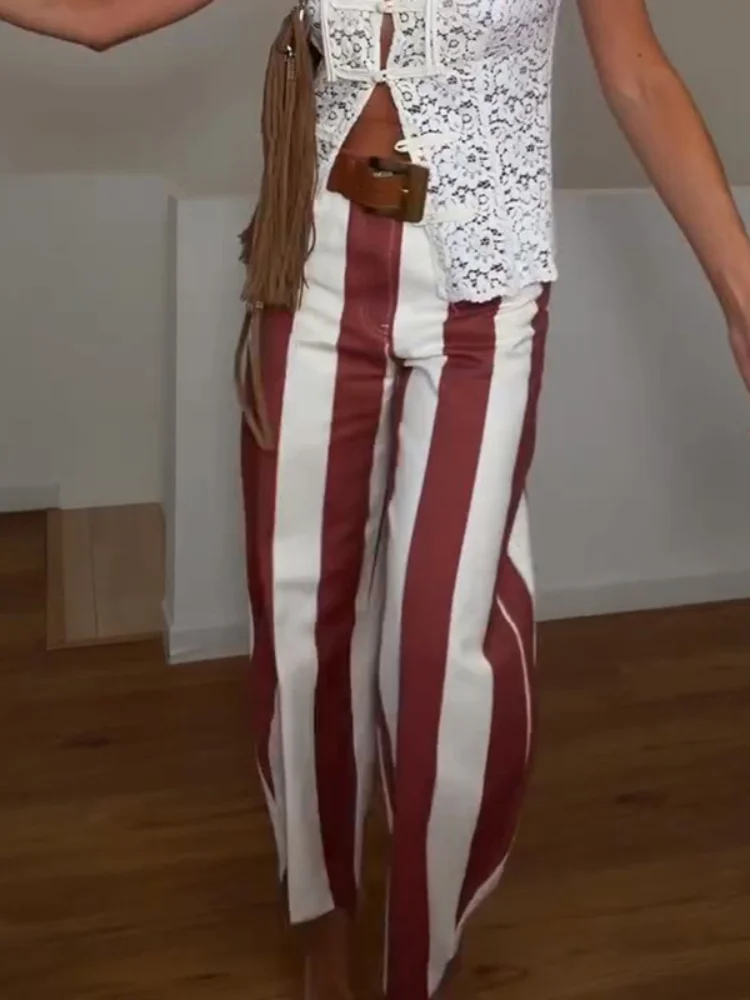 Stripe Loose Women's Pant Holiday Summer High Waist Contrast Zipper Button Female Trousers 2026 Fashion Beach Lady Pants New