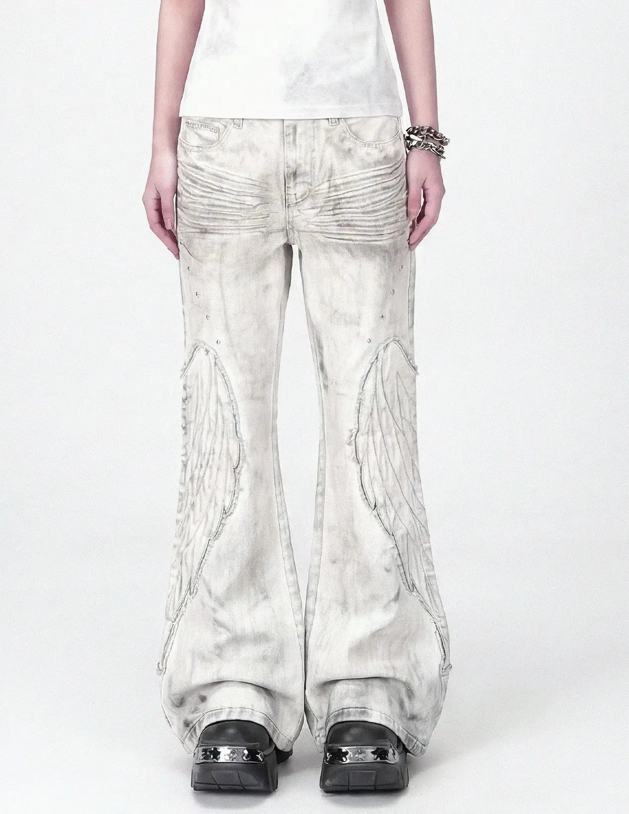 

Y2K Distressed Wing Patch Embroidery Slight Flare Pants Slim Punk Jeans for Men and Women