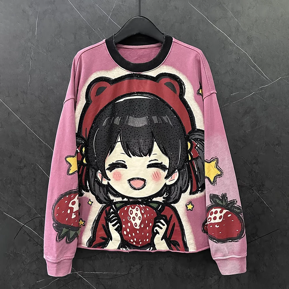 

Толстовка с круглым вырезом для маленьких девочек больших размеров, женский свободный повседневный универсальный милый топ