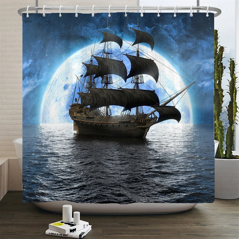 Sailboat Waterproof Bathroom Shower Curtains Sea Navigation Bath Curtains 3d Printing With Hooks 180*180cm Washable Cloth