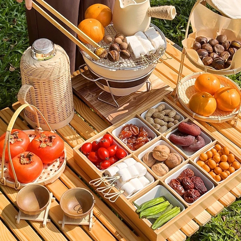 Japanese Bamboo and Wood Ceramic Dessert Plate Home Kitchen Accessories Bowl Set Outdoor Divided Fruit Snack Plate Guest