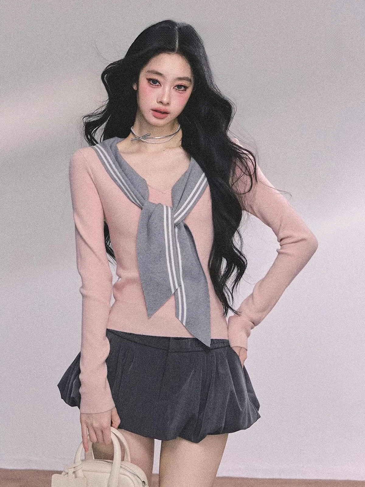 

Женская вязаная футболка AOMALM с длинным рукавом и воротником-стойкой, розовая, из полиэстера, приталенная, в американском стиле, для подростков, в морском стиле