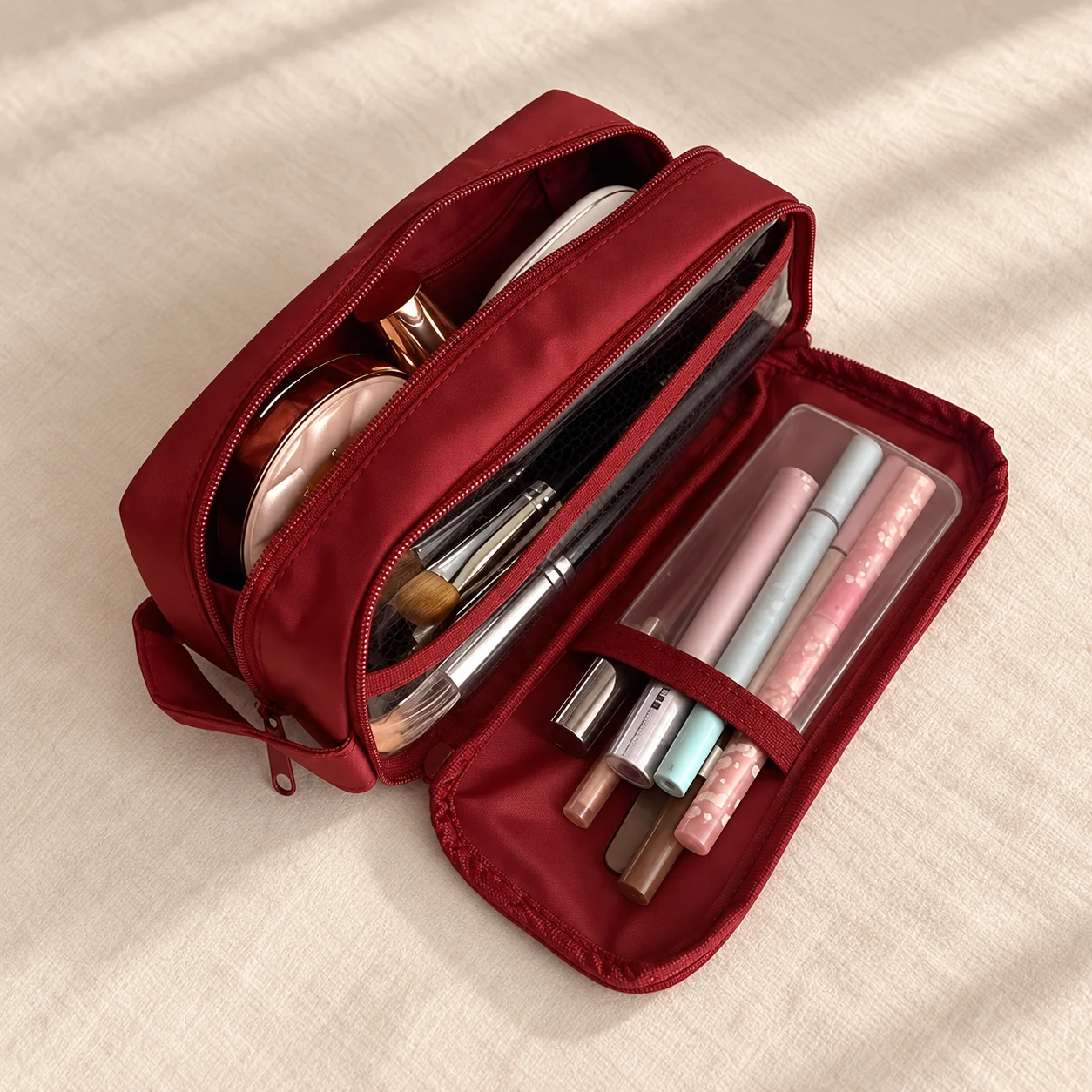 Portable Multifunctional Makeup Bag Cosmetic Pouch Large Capacity Travel Toiletry Organizer Mesh Compartment Brush Holder Women