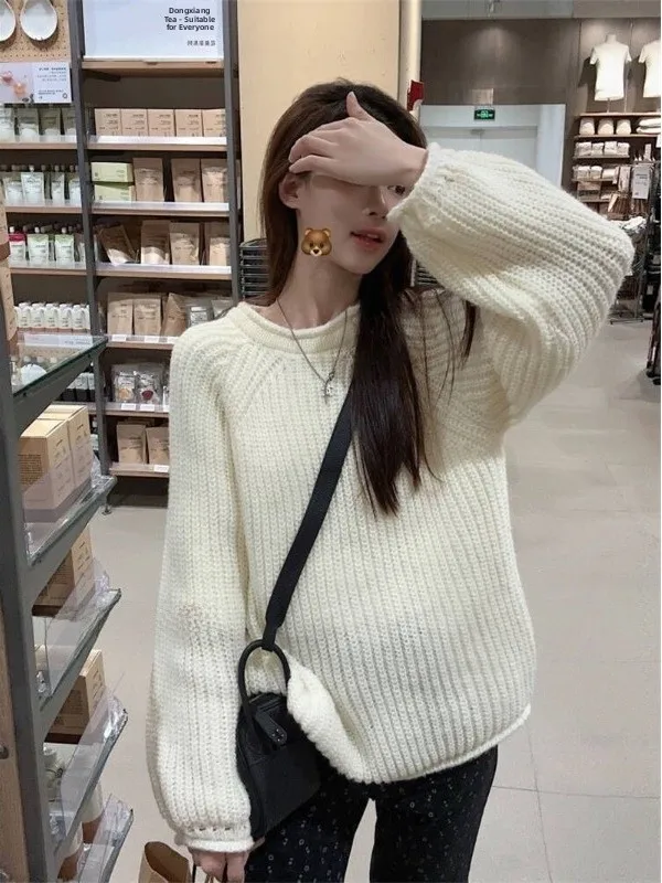 

Свободный вязаный свитер оранжевого цвета с круглым вырезом, корейский стиль, осень-зима, из смесового хлопка, теплый, термо, с длинными рукавами