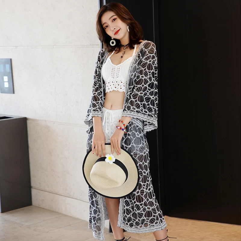 

Beach Sarong Sun Protection Clothing Women Summer Holiday Coast Mid-Length Embroidered Lace Hollow out Long Cardigan Outerwear