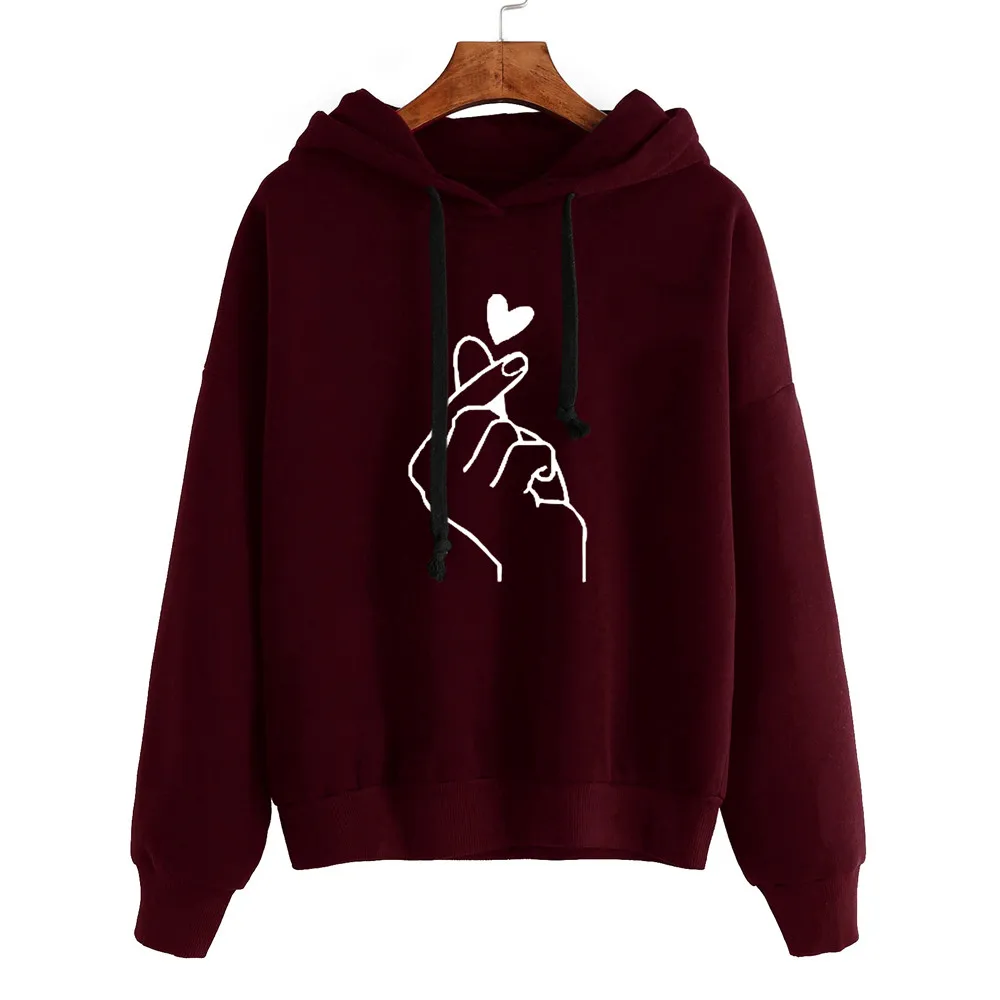 2024 New Women Than Heart Pattern Printed Hoodie Solid Color Round Neck Long Sleeve Warm Jumper Draw Rope Simple Casual Hoodie