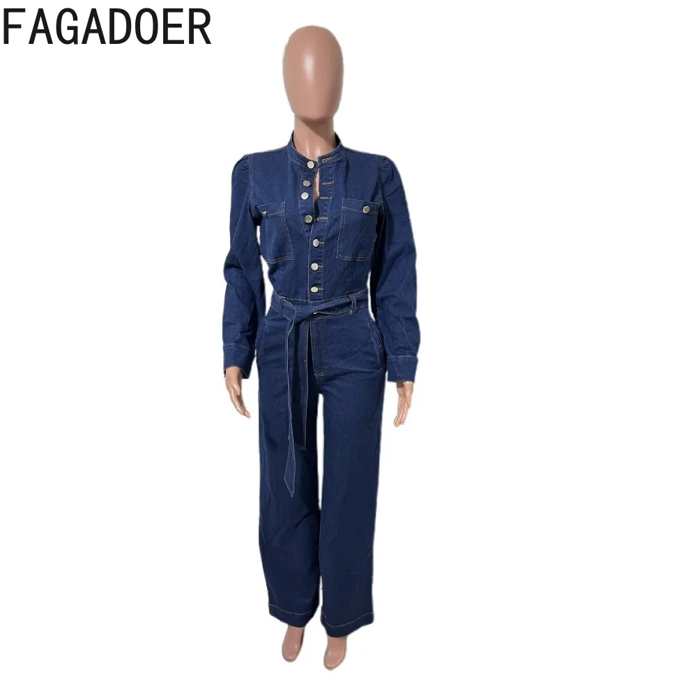 FAGADOER موضة الدنيم المرقعة Bodycon حللا للمرأة بلون طويل الأكمام جيب السروال القصير الإناث الشارع الشهير وزرة #5